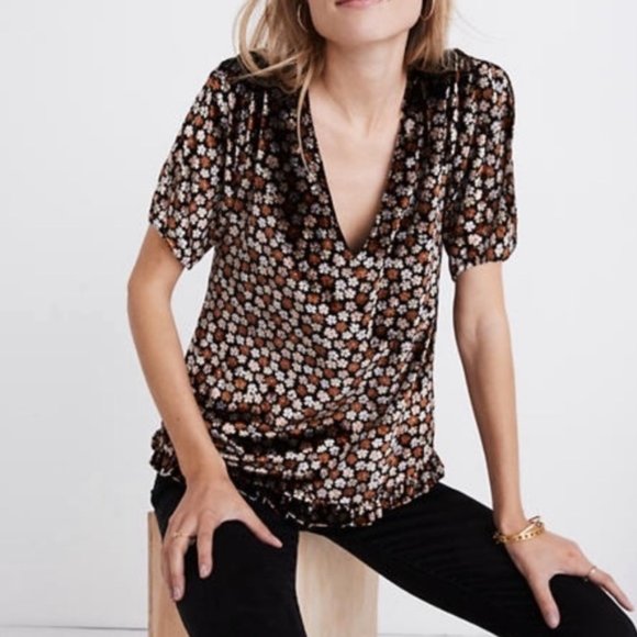 Madewell Velvet Floral Top Brown V-Neck XS Flowers - Picture 1 of 10